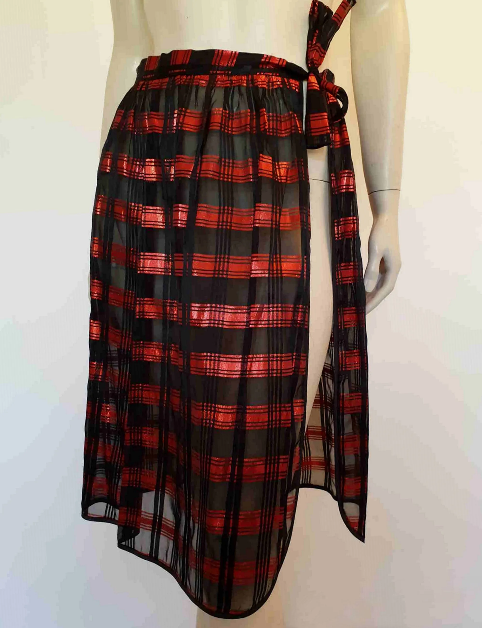 1980s Red & Black Sheer Lurex Wrap Over Skirt, by Mosiana