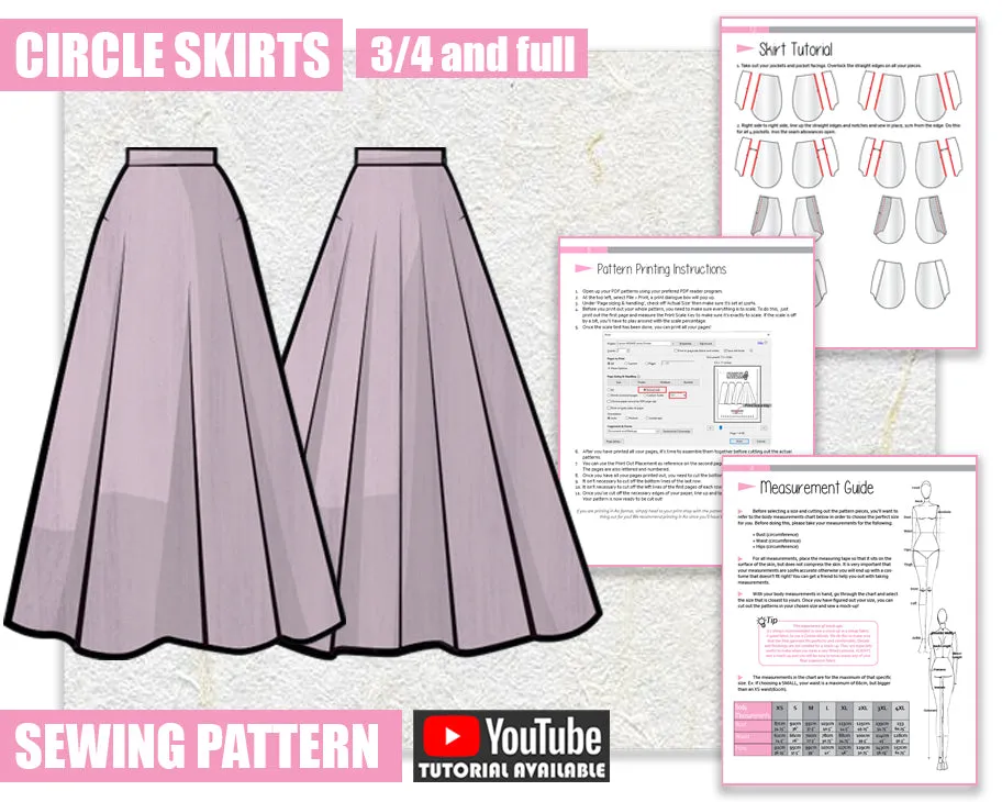 3/4 and Full Circle Skirts Sewing Pattern/Downloadable PDF File and Tutorial Book