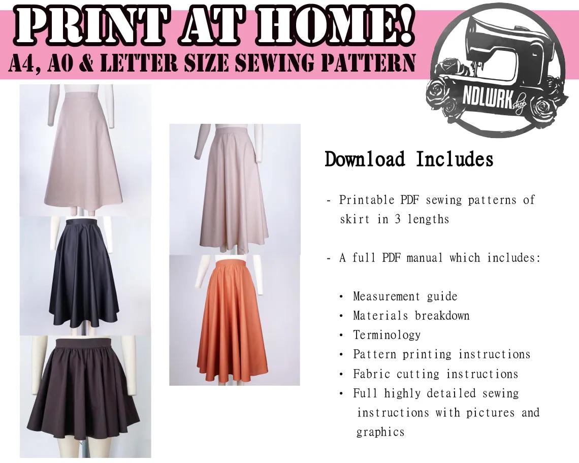 3/4 and Full Circle Skirts Sewing Pattern/Downloadable PDF File and Tutorial Book