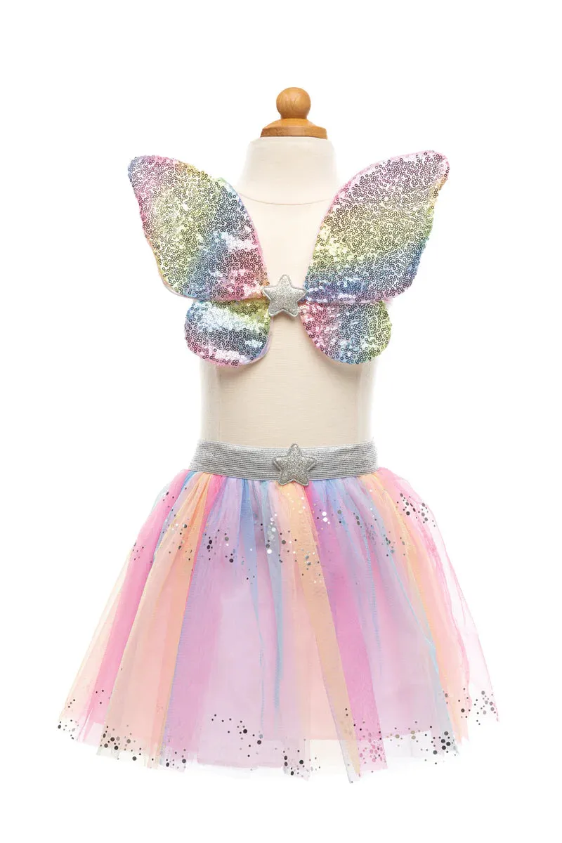 4/6 Great Pretenders Rainbow Sequins Skirt/ Wings/ Wand Costume