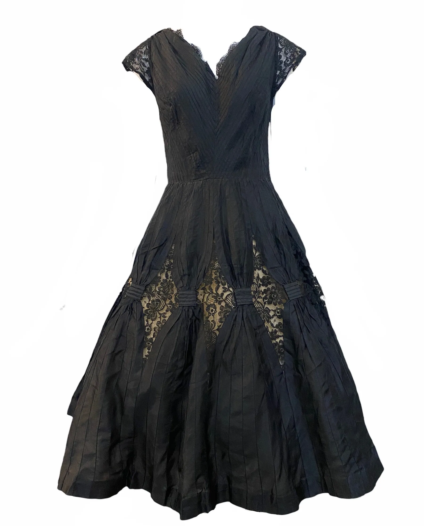 50s Charles Glueck Black Silk Taffeta Party Dress with Lacy Detail