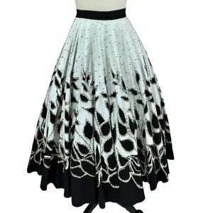 50s VTG Circle Skirt Gray/Black Leaves w/Silver Sequins Dance Rockabilly L/XL