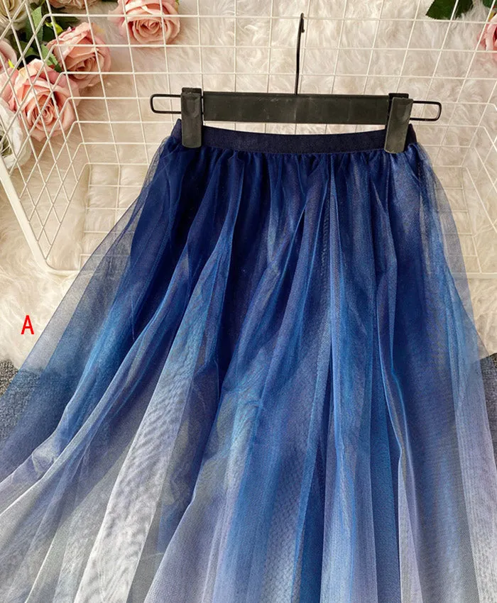 A line irregular tulle skirt gradient color skirt  3493