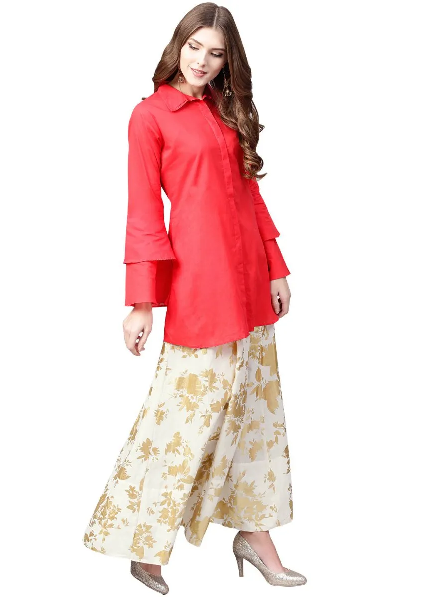 Ahalyaa Indowestern Red Shirt With Off White & Gold Skirt Set