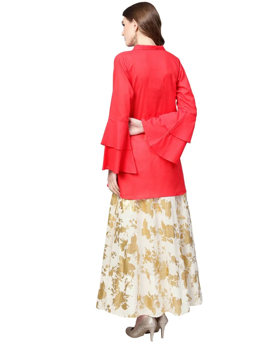 Ahalyaa Indowestern Red Shirt With Off White & Gold Skirt Set