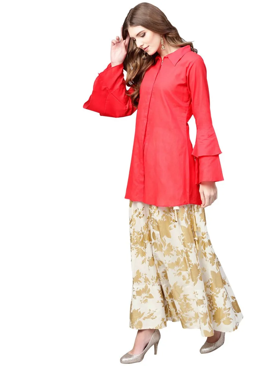 Ahalyaa Indowestern Red Shirt With Off White & Gold Skirt Set