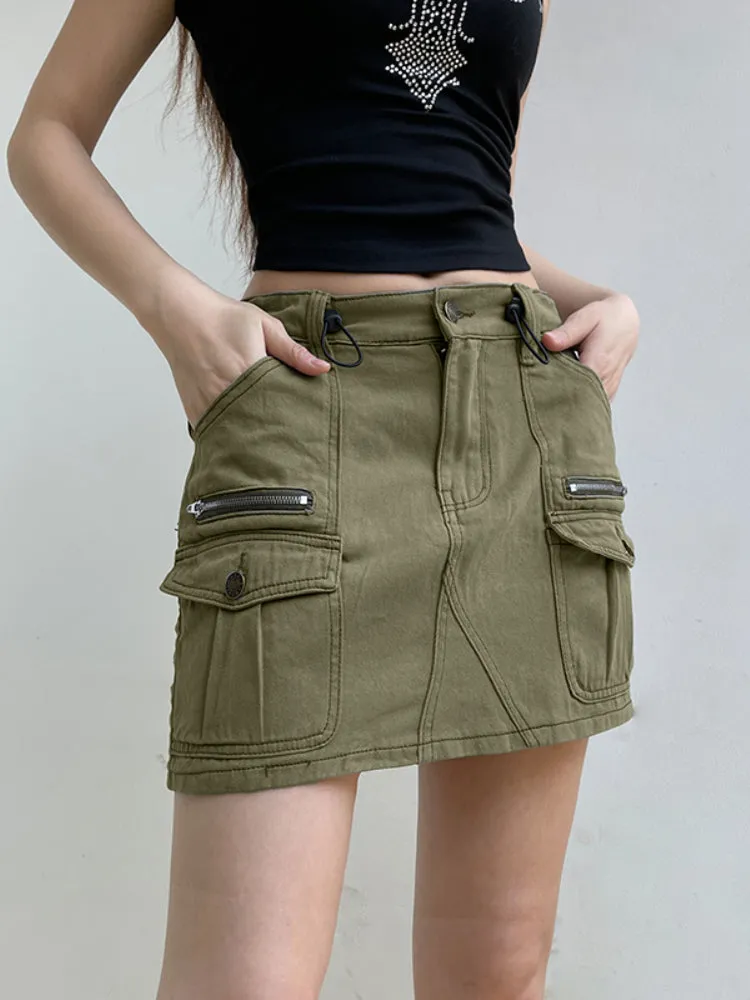 Army Green Pockets Zipper Denim Skirt