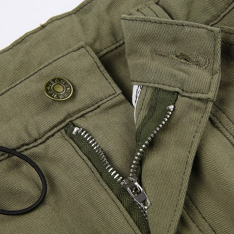 Army Green Pockets Zipper Denim Skirt