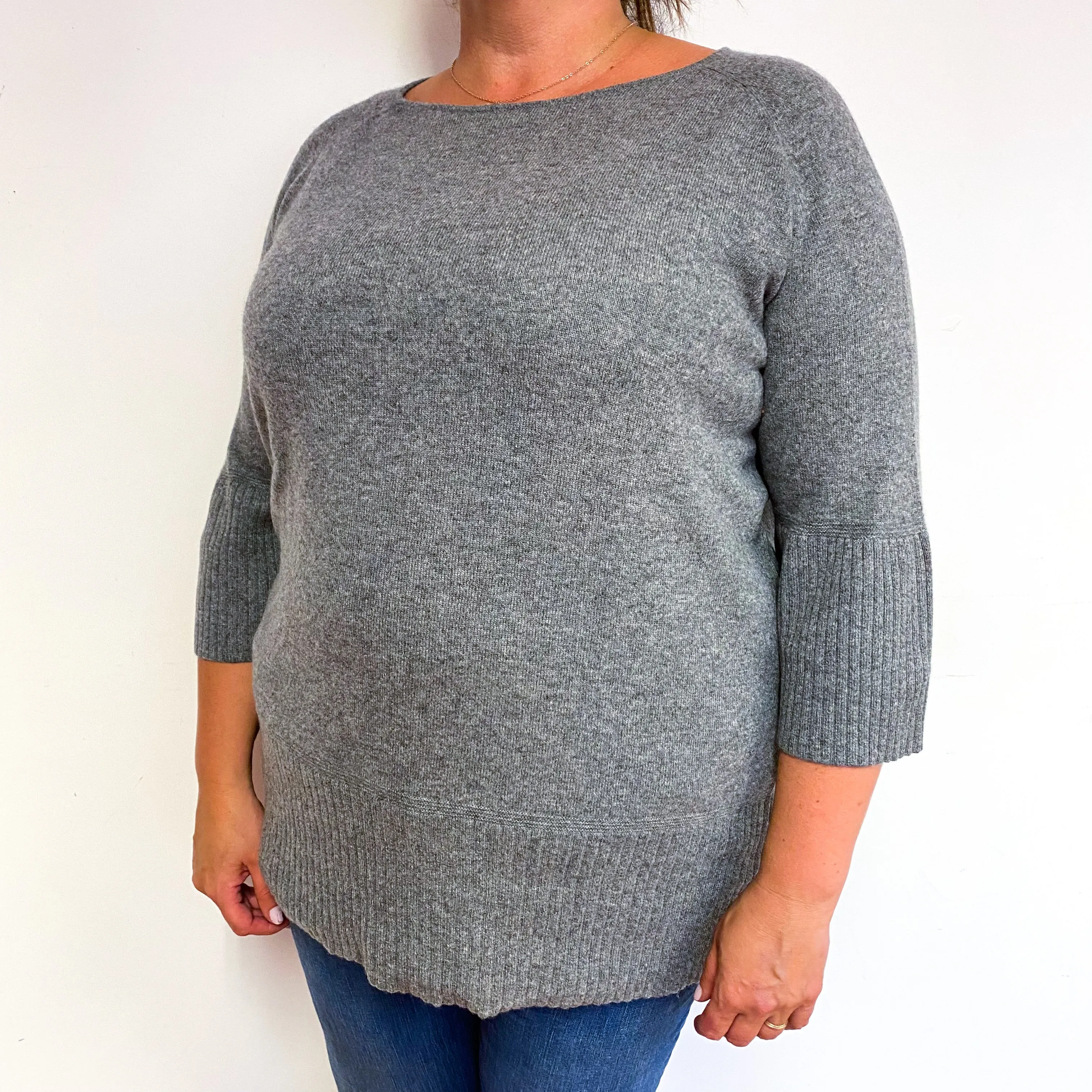 Ash Grey 3/4 Sleeve Cashmere Crew Neck Jumper Extra Extra Large