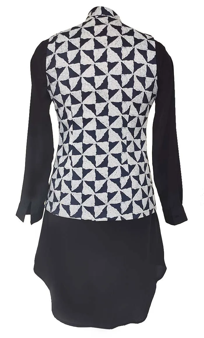 Basic Black And White Printed Waist Coat Style Jacket With Tunic