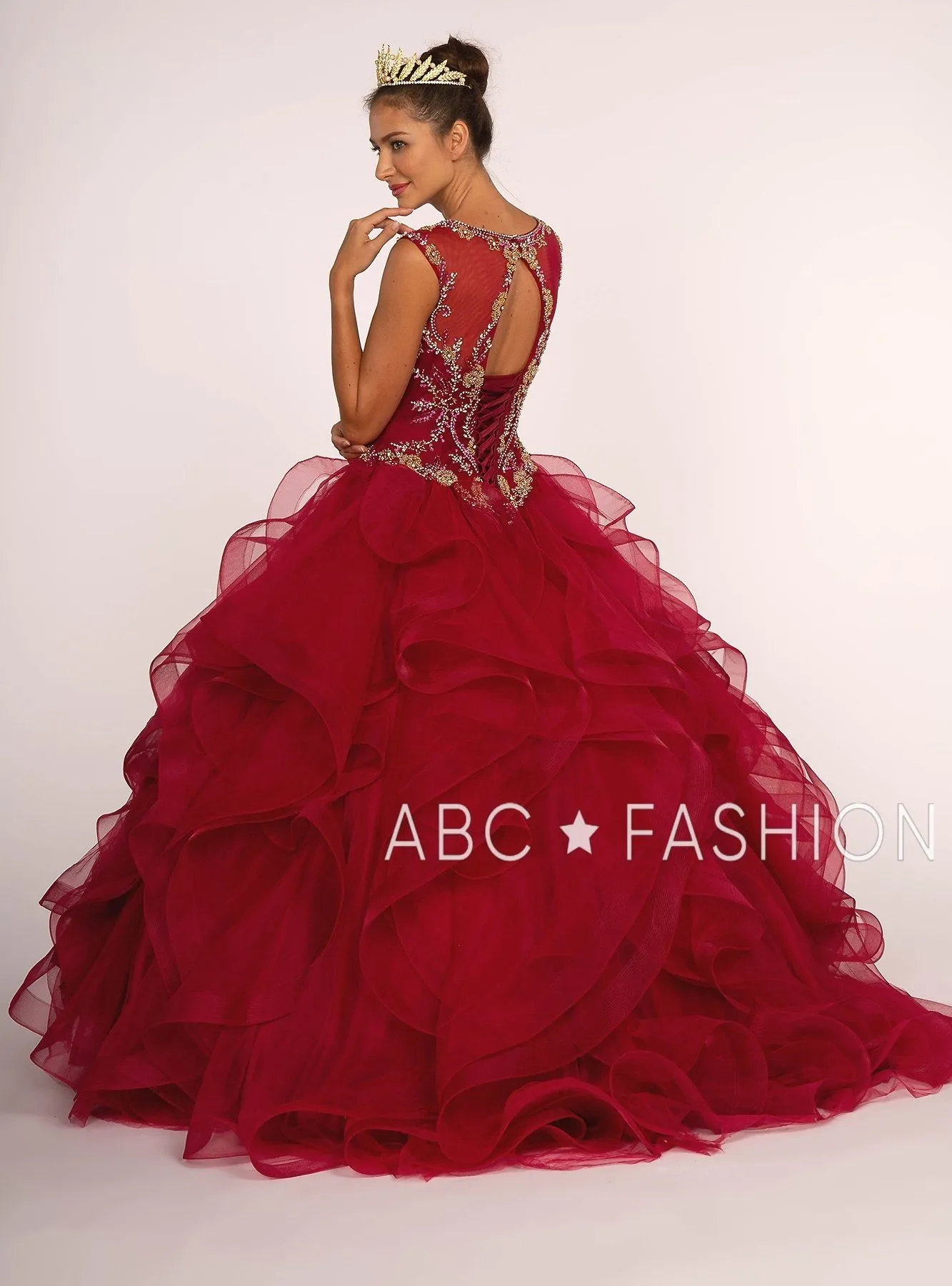 Beaded Illusion Ball Gown with Ruffled Skirt by Elizabeth K GL2511