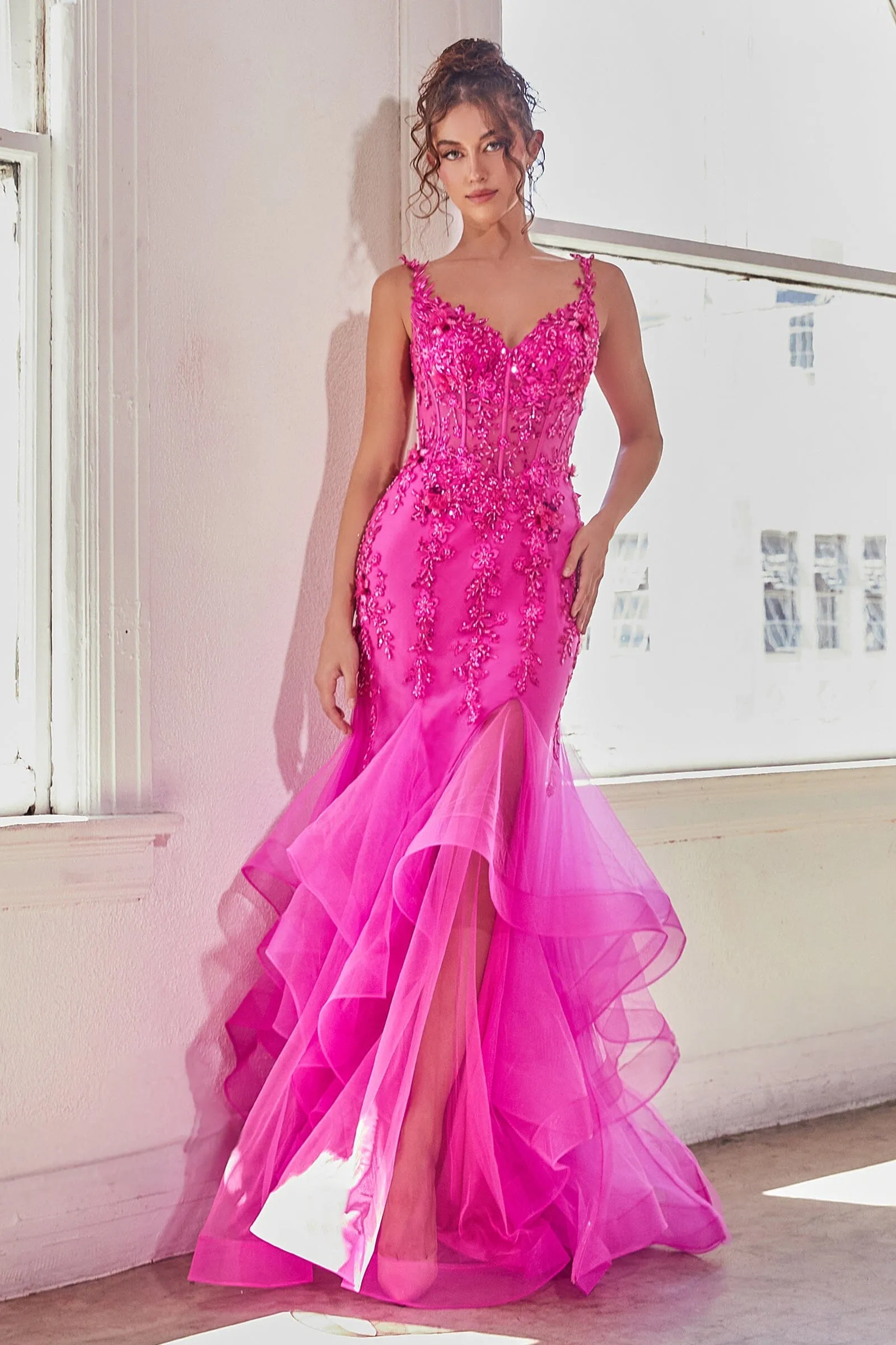 Beaded Sleeveless Ruffled Mermaid Dress by Ladivine CD331