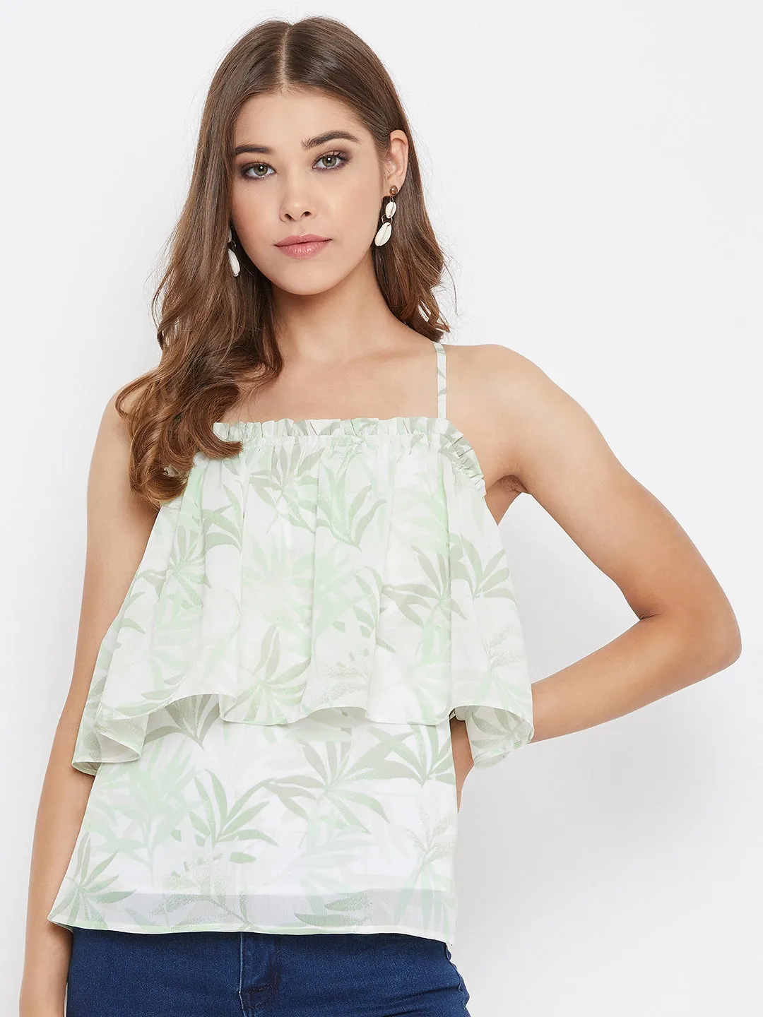 Berrylush Women White Leaf Printed Layered Strappy Top