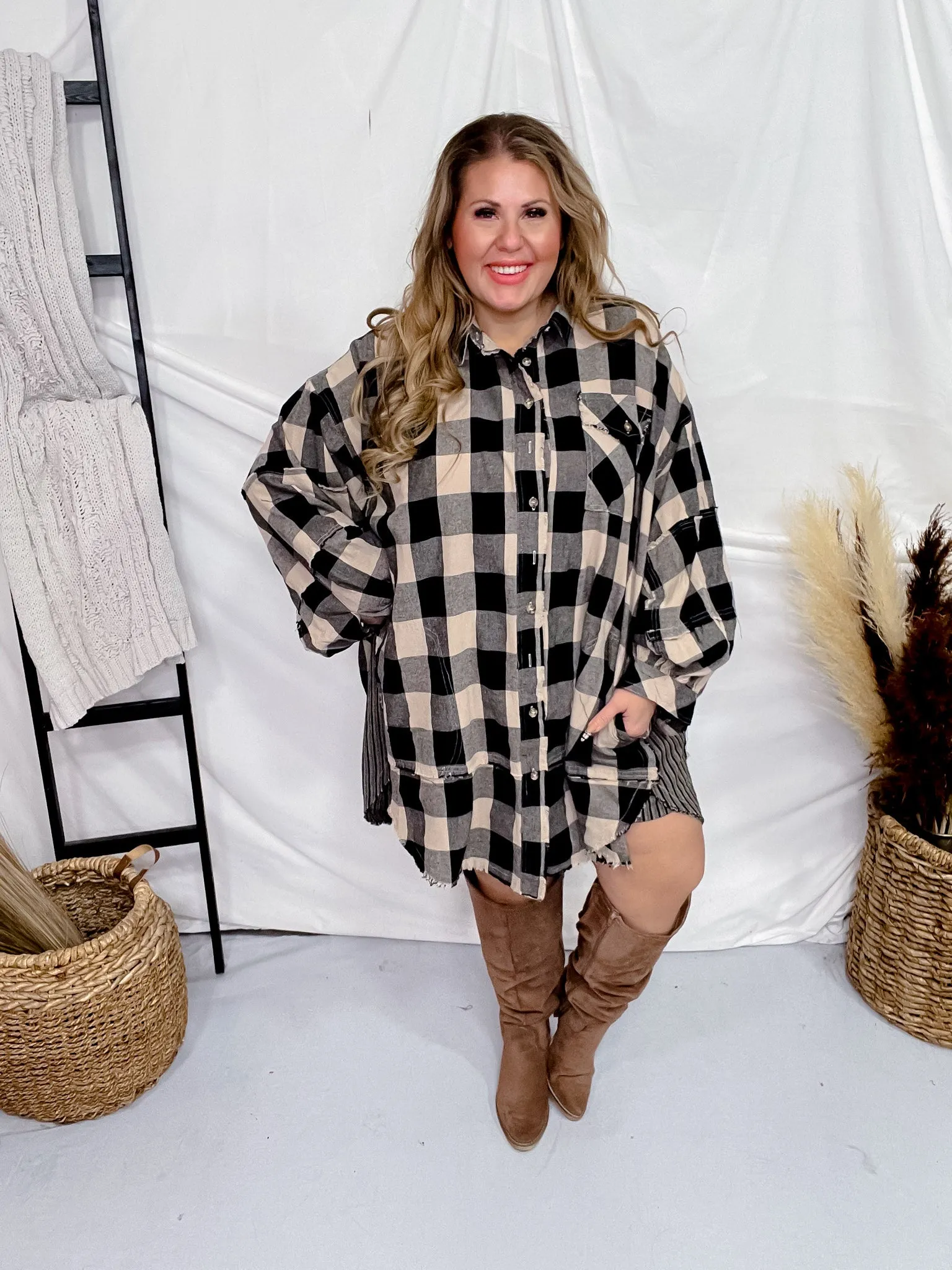 Black and Taupe Plaid Tunic Dress