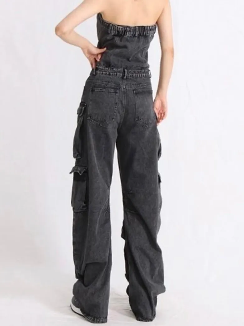 Black denim strapless cargo jumper