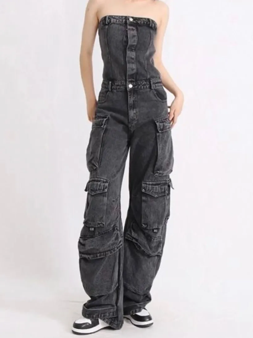 Black denim strapless cargo jumper