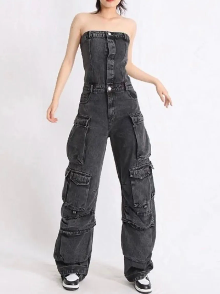 Black denim strapless cargo jumper