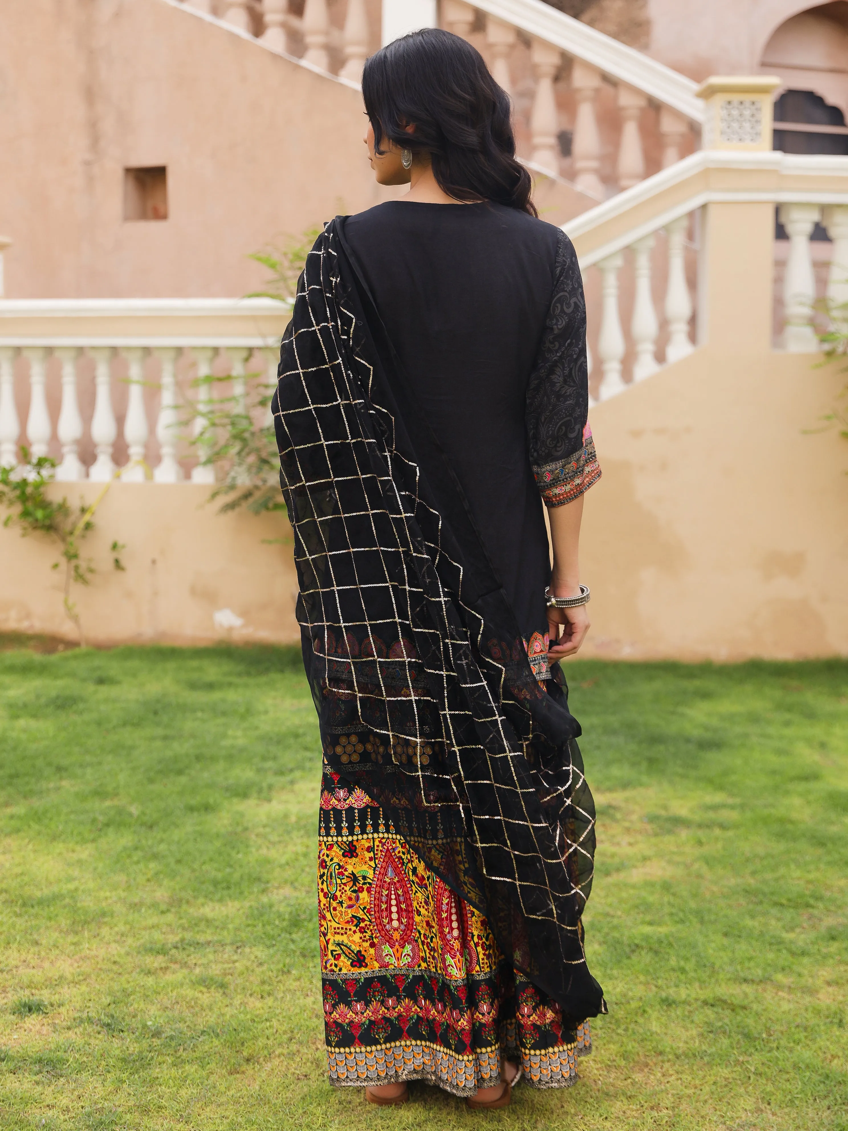 Black Ethnic Motif Printed Viscose Tunic Sharara & Dupatta Set With Sequins Thread Work