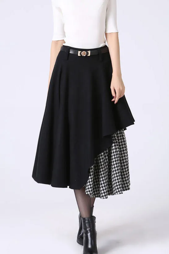 Black Layered wool skirt with Asymmetrical Hemline Skirt 1067#