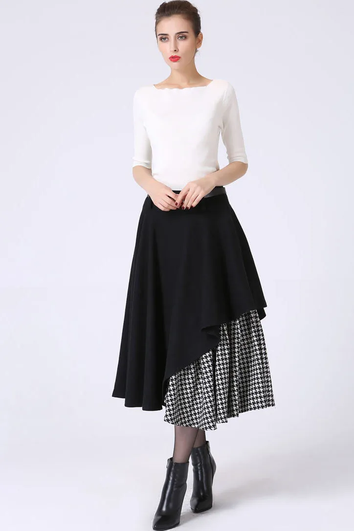 Black Layered wool skirt with Asymmetrical Hemline Skirt 1067#