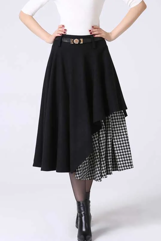 Black Layered wool skirt with Asymmetrical Hemline Skirt 1067#