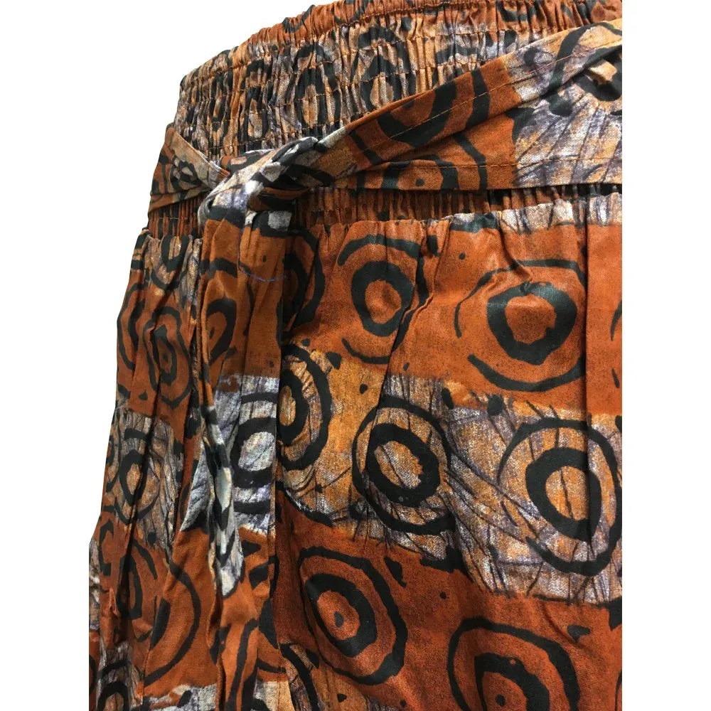 Bohemian African Cotton Rust Brown and Black Batik Ethnic Print Flared Long Maxi Skirt with Pockets #105