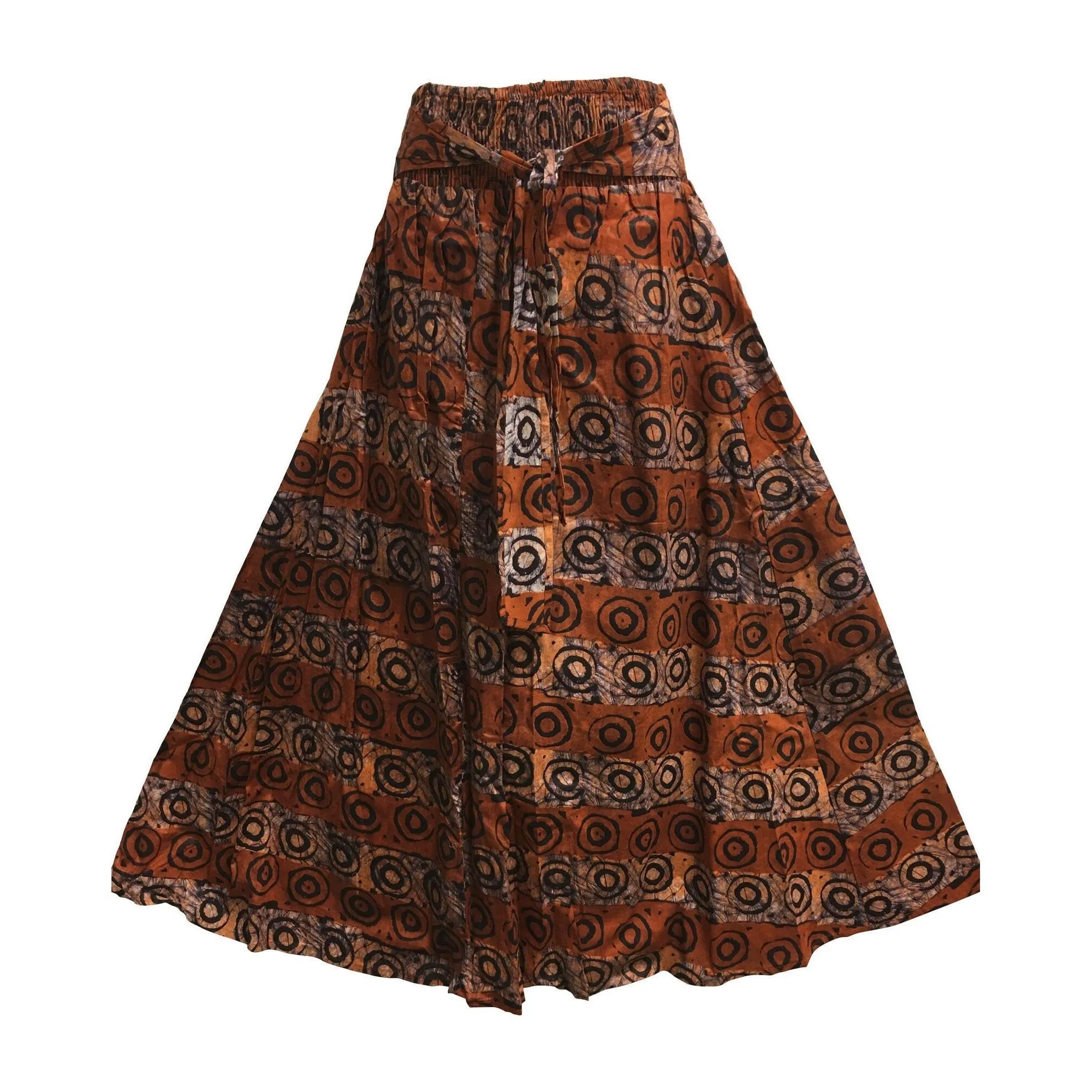 Bohemian African Cotton Rust Brown and Black Batik Ethnic Print Flared Long Maxi Skirt with Pockets #105