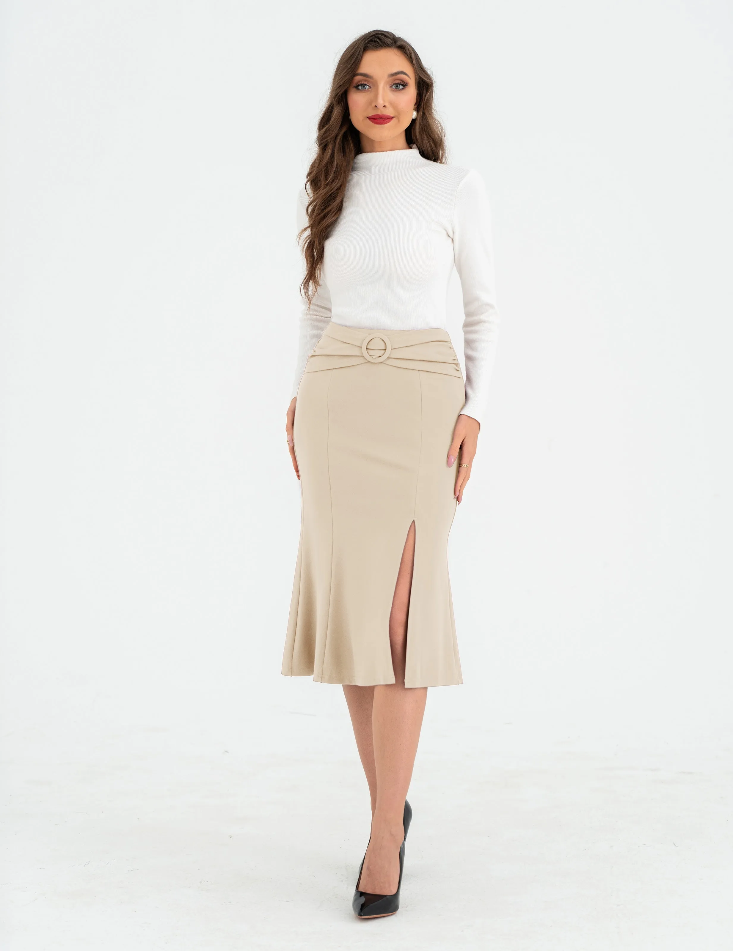 BP Women Vintage Front Slit Skirt Elastic Waist Mermaid Hem Bodycon Skirt