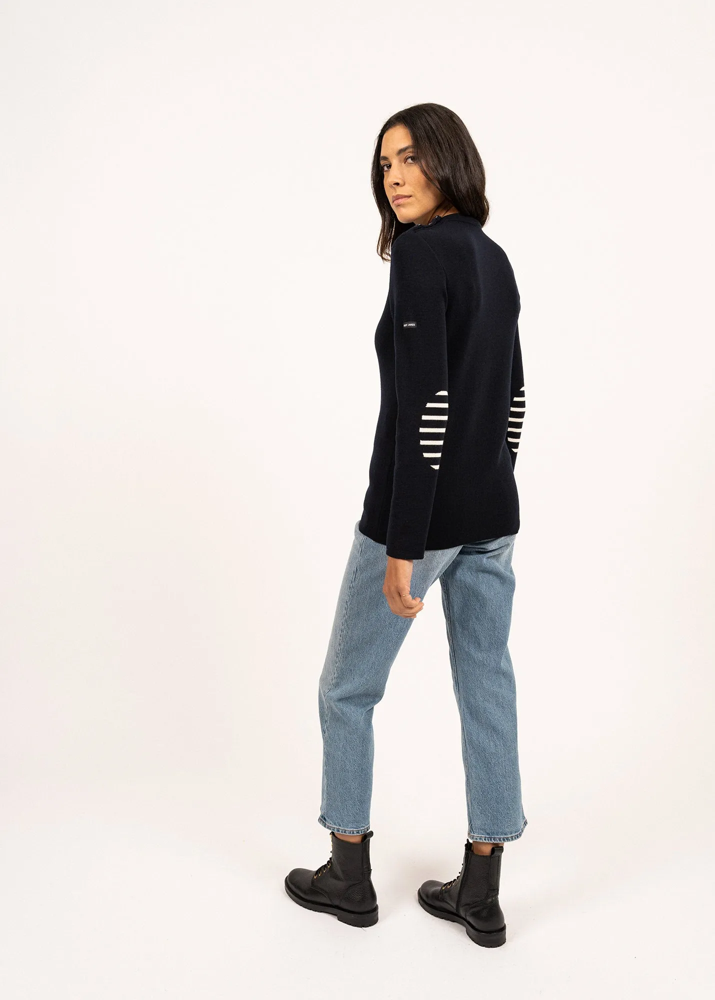 Bregançon plain sailor jumper - striped elbow patches, in wool (NAVY)