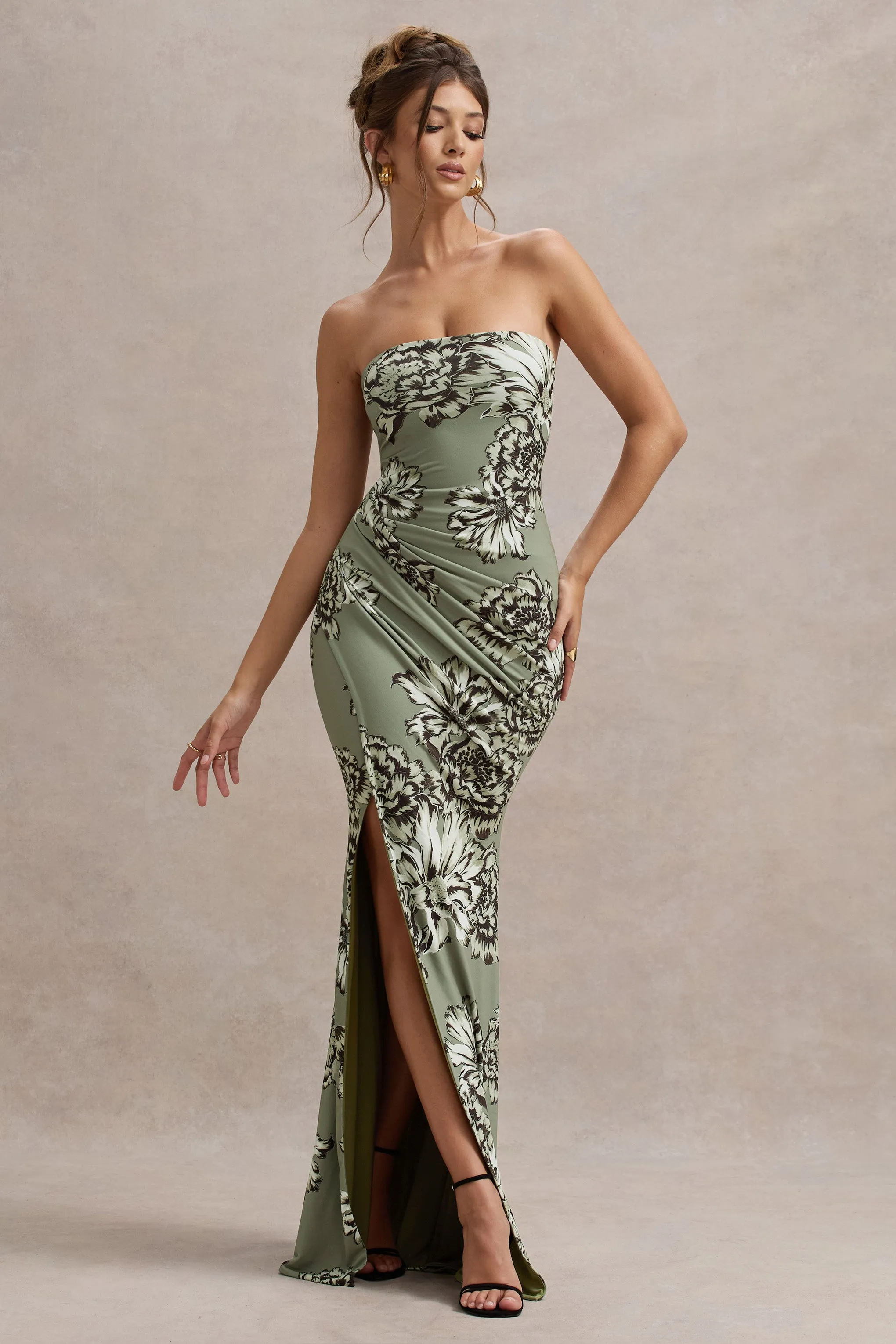 Buena | Olive Floral Print Strapless Gathered Maxi Dress With Split