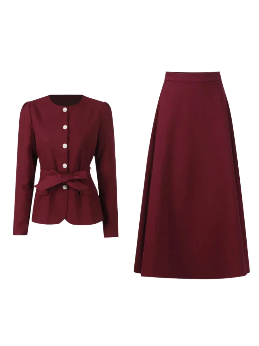 Burgundy Temperament Two Piece Sets For Women Round Neck Long Sleeve Top High Waist A Line Skirt Elegant Set Female