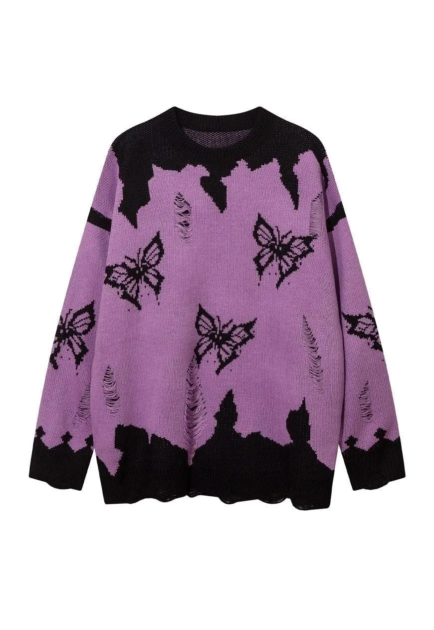 Butterfly sweater distressed grunge jumper ripped top pink