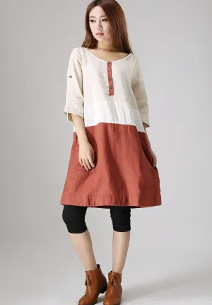 Casual linen block color dress woman patchwork dress 0833#