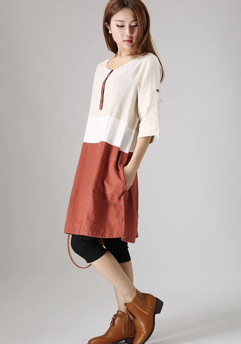 Casual linen block color dress woman patchwork dress 0833#