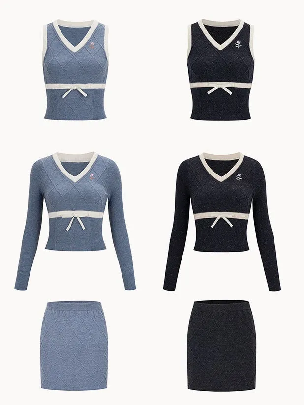 College Style Embroidered Vest & Long-sleeved Knitted & Skirt