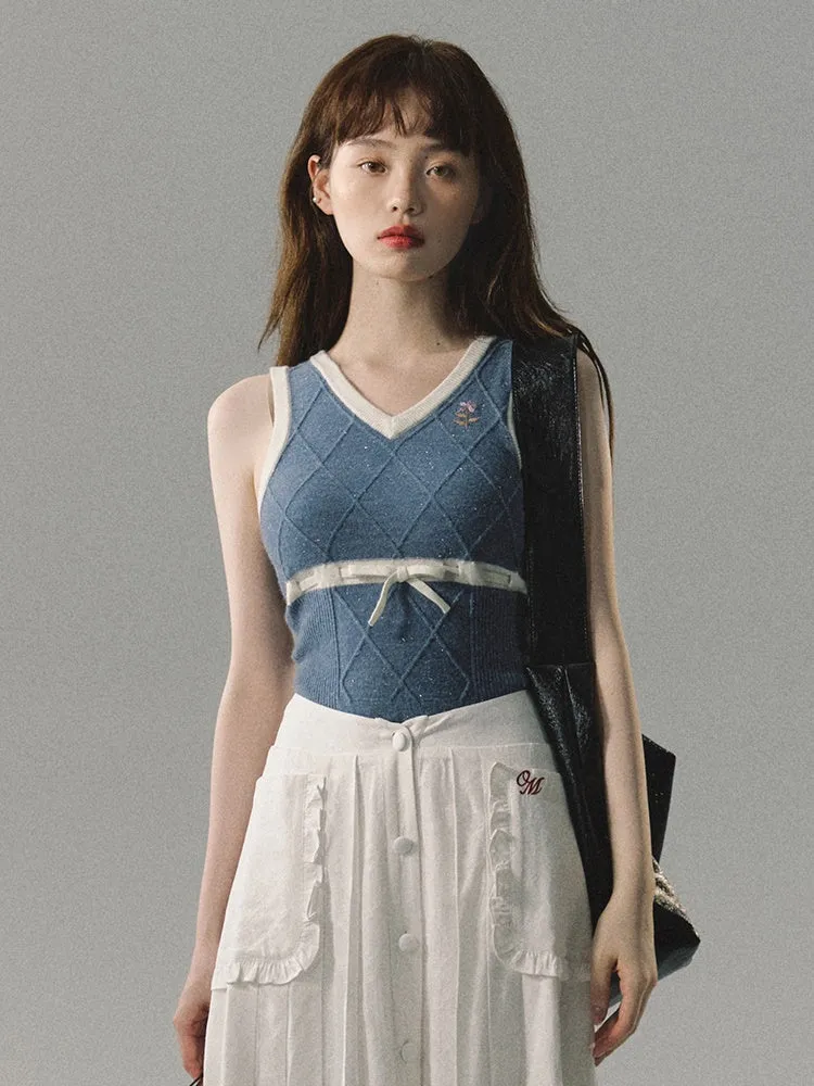 College Style Embroidered Vest & Long-sleeved Knitted & Skirt