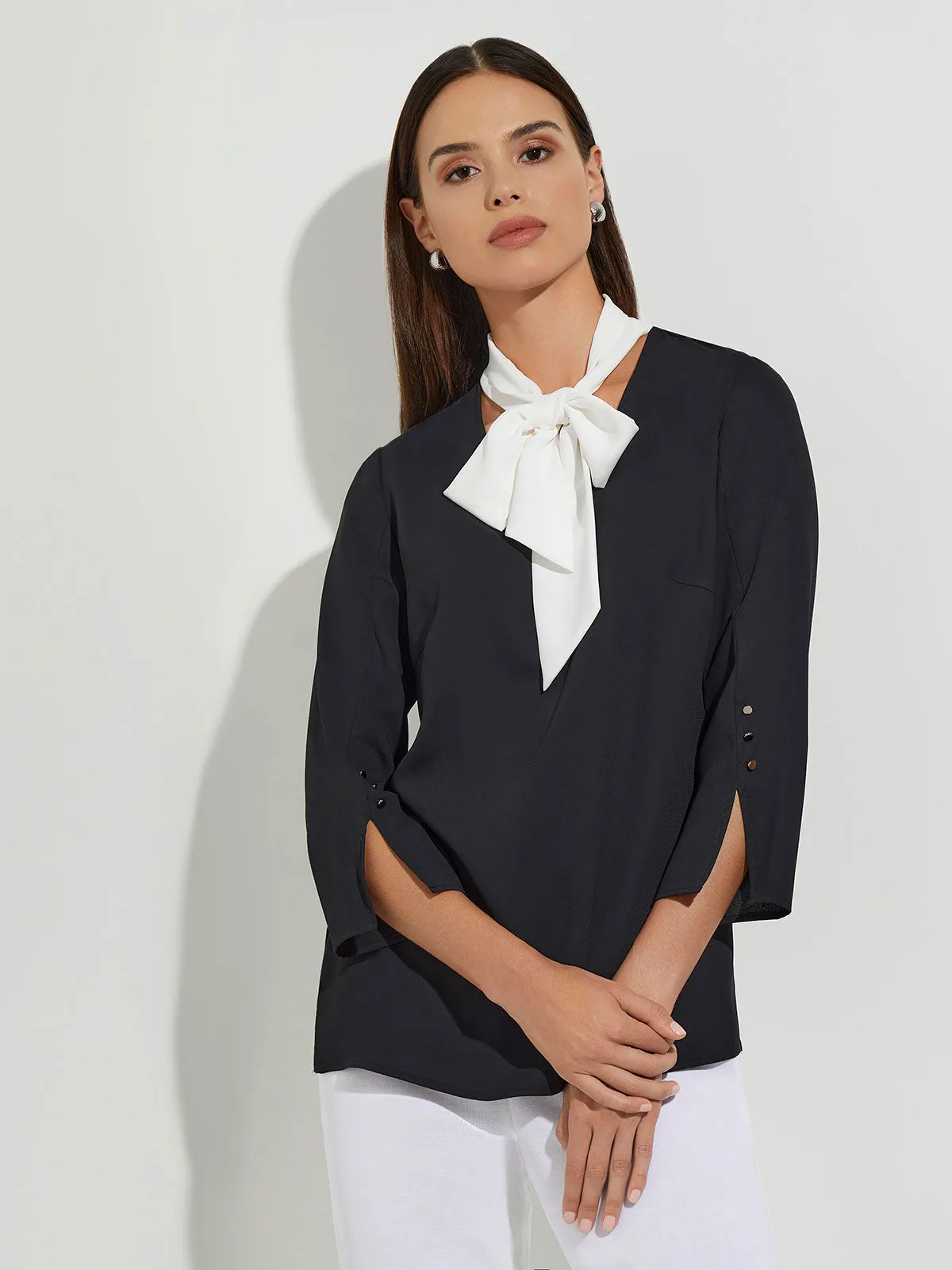 Contrast Tie V-Neck Crepe de Chine Blouse