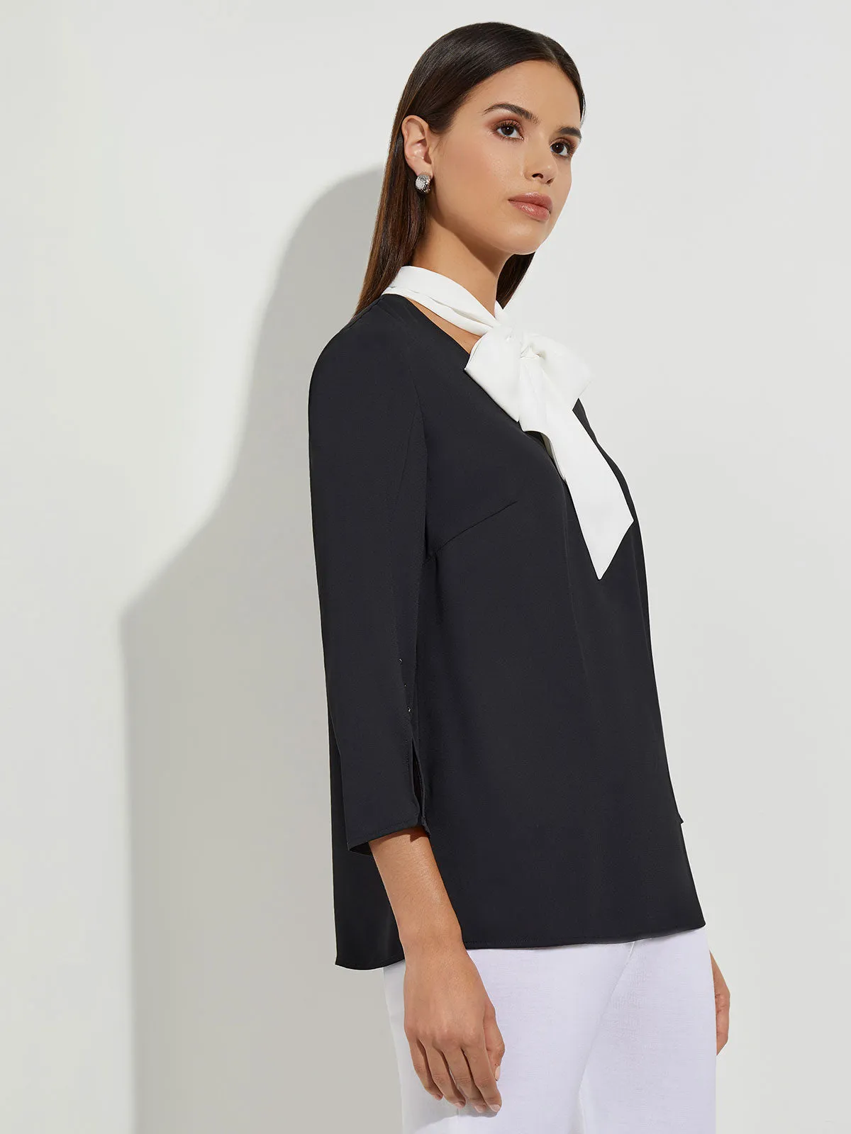 Contrast Tie V-Neck Crepe de Chine Blouse