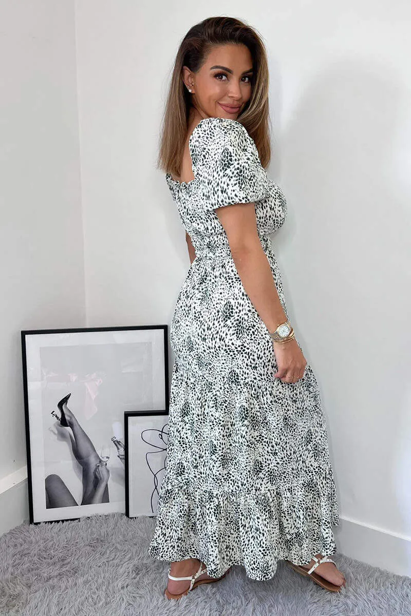 Cream And Green Printed Elasticated Midi Smock Dress