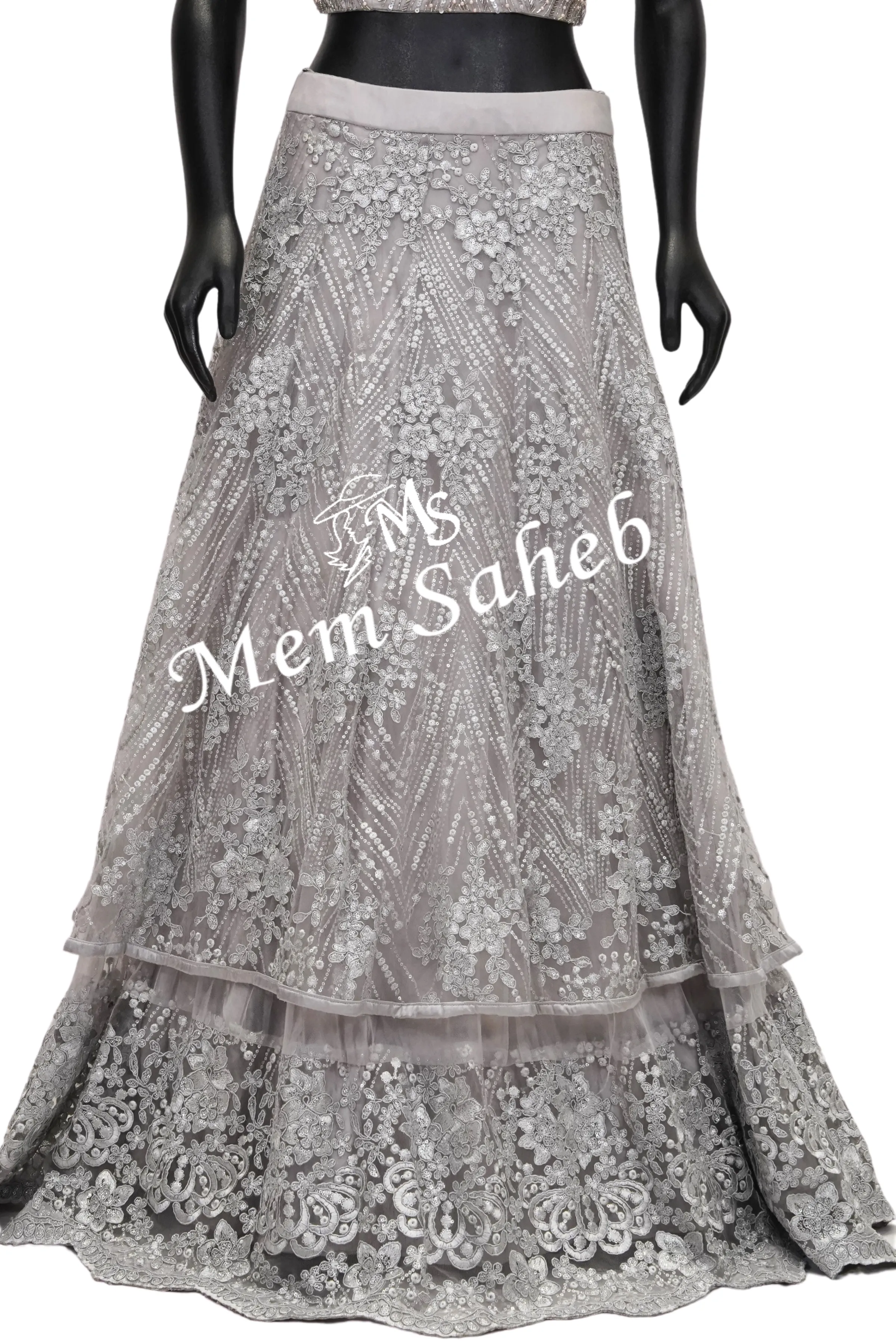 Crop Skirt Silver Grey Blouse with Designer Multi Layer Skirt