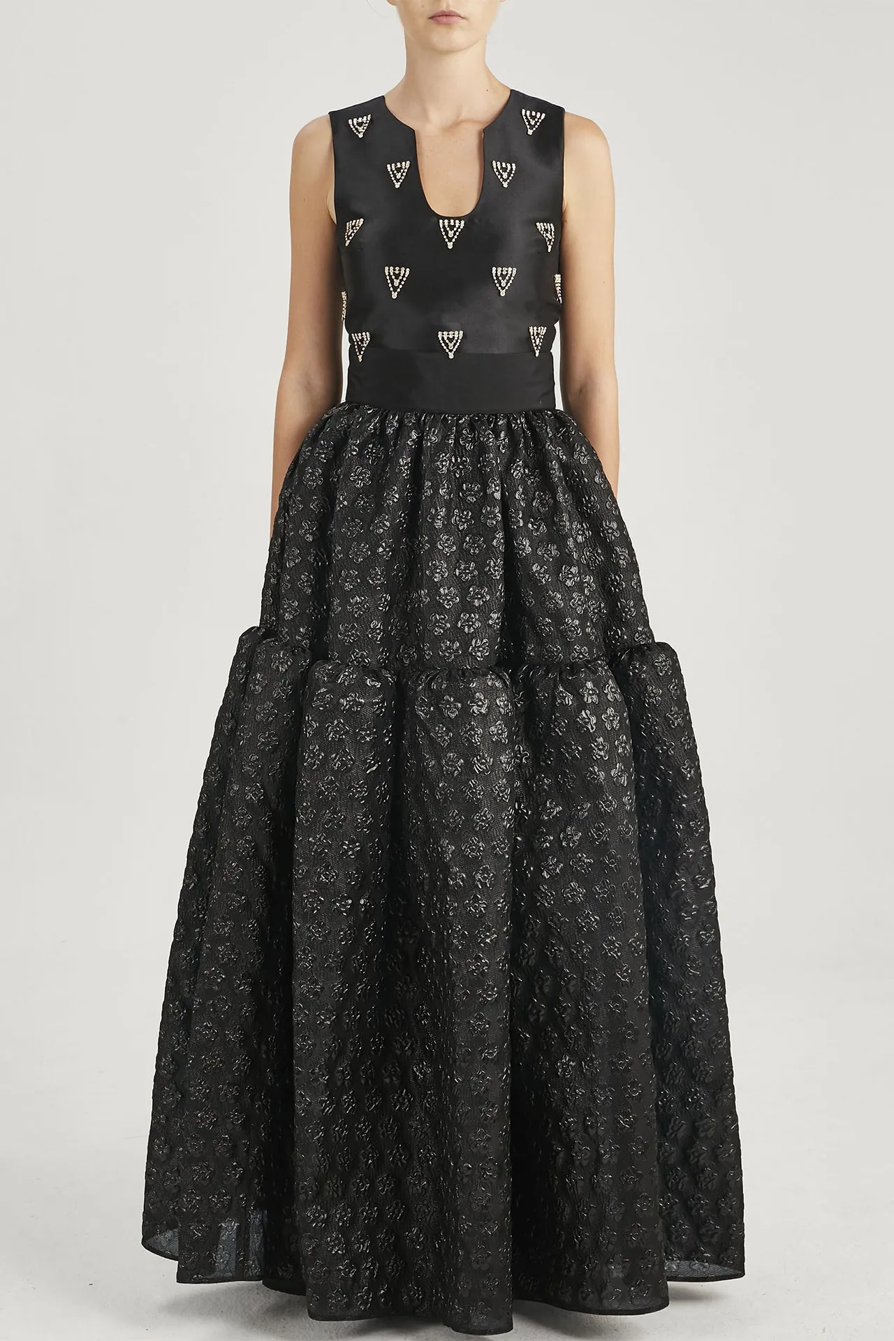 Cropped Top with Crystal Beadwork & Tiered Skirt in Floral Brocade