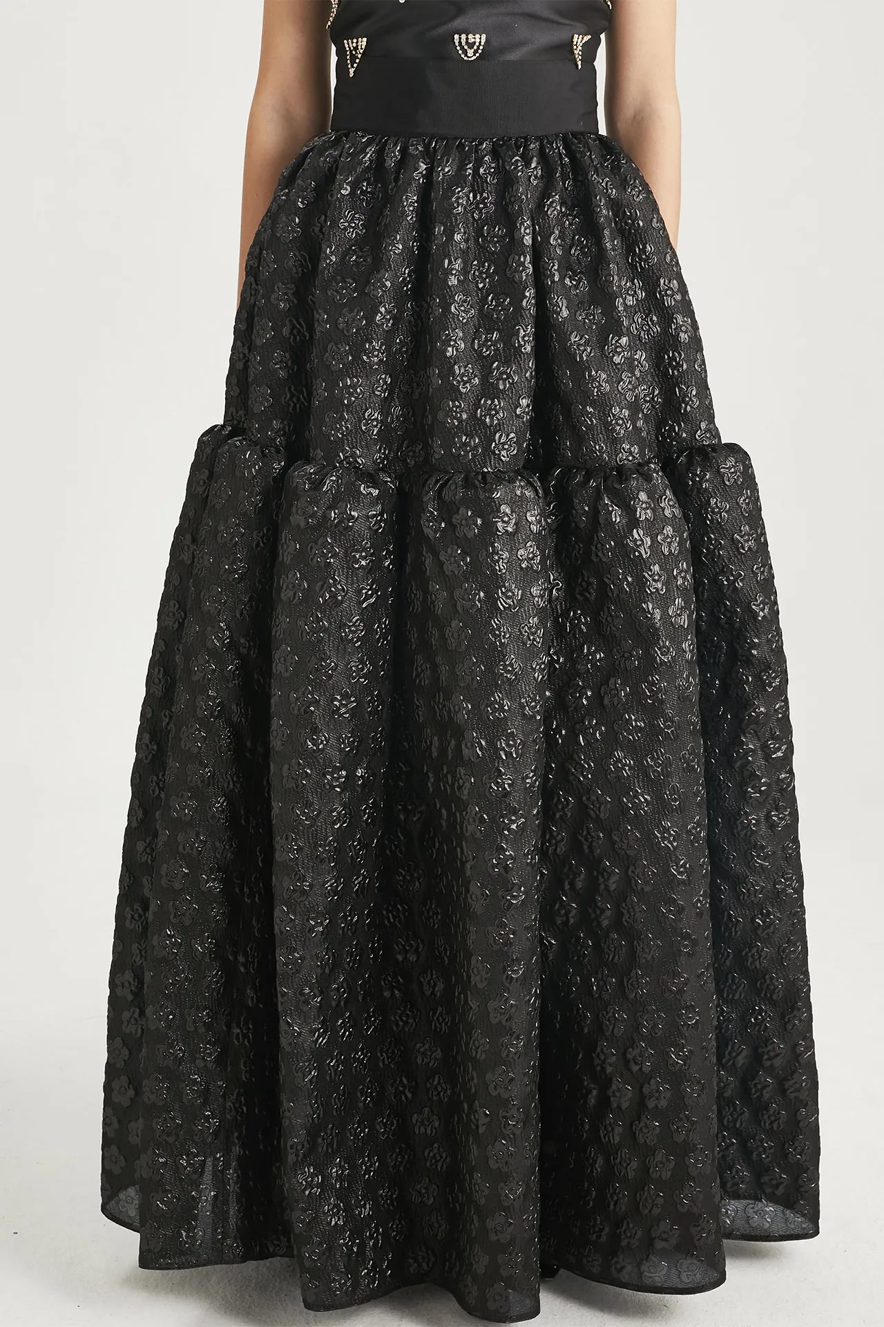 Cropped Top with Crystal Beadwork & Tiered Skirt in Floral Brocade