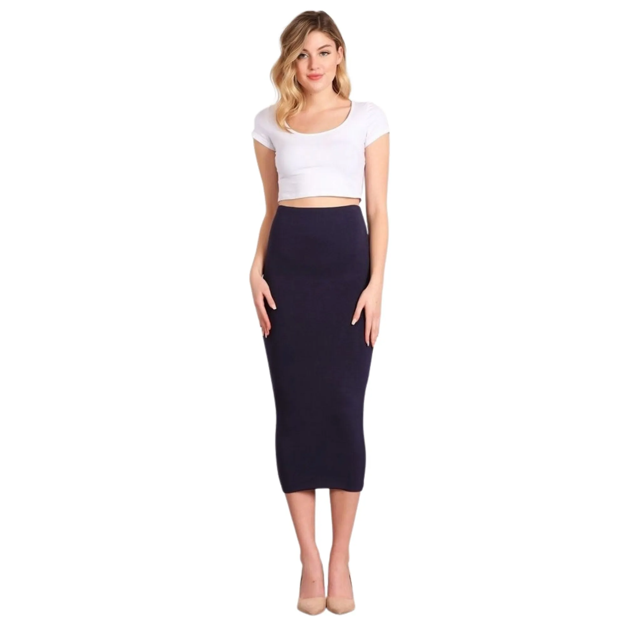 Double Layer No Slit Long Midi Pencil Skirt. Super Sexy with Great Silhouette. Navy Blue. Not See Thru. Lyrca for Stretch. Great for Modesty