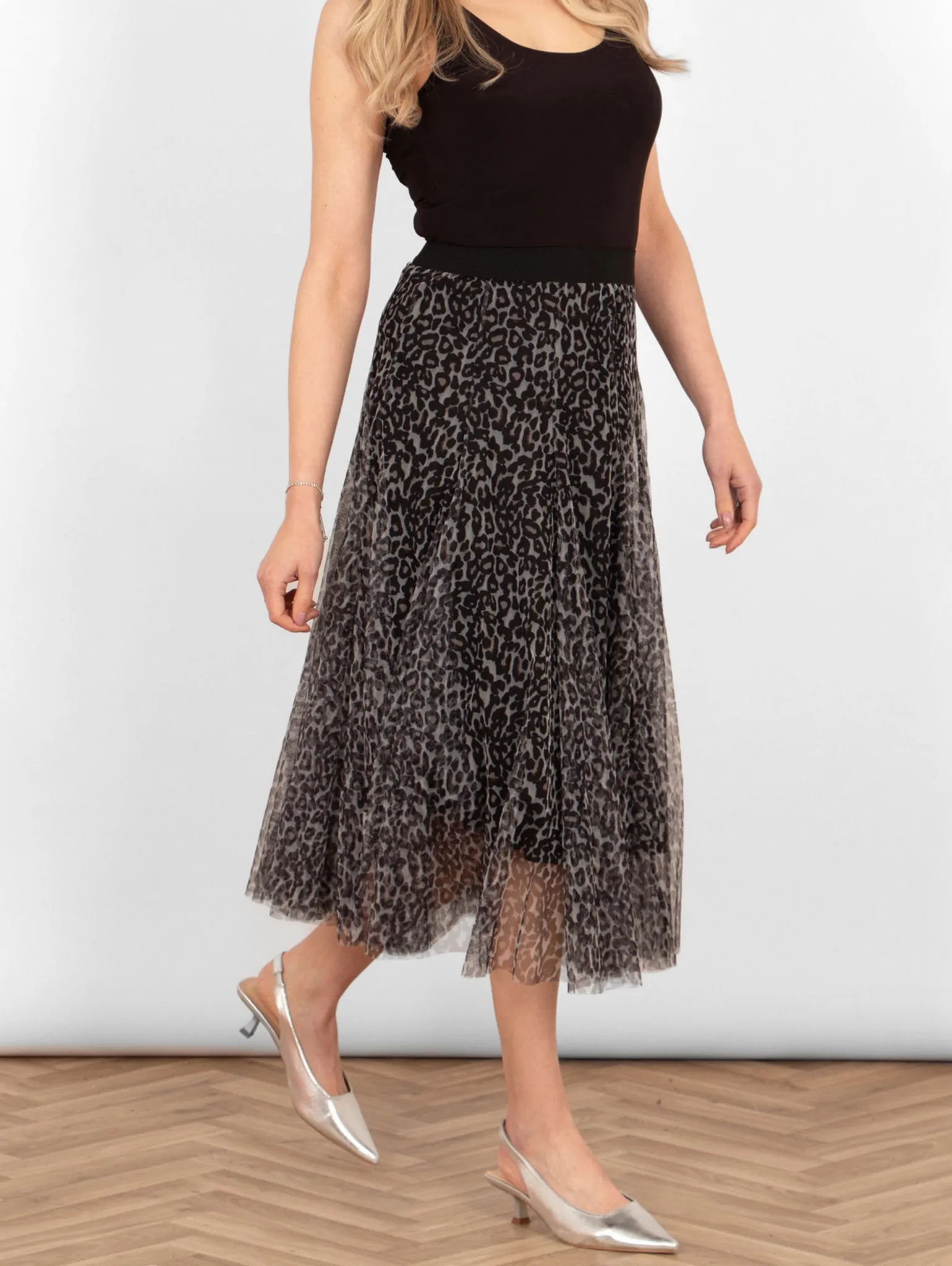 Eden Tulle Midaxi Swing Skirt - Natural, Leopard