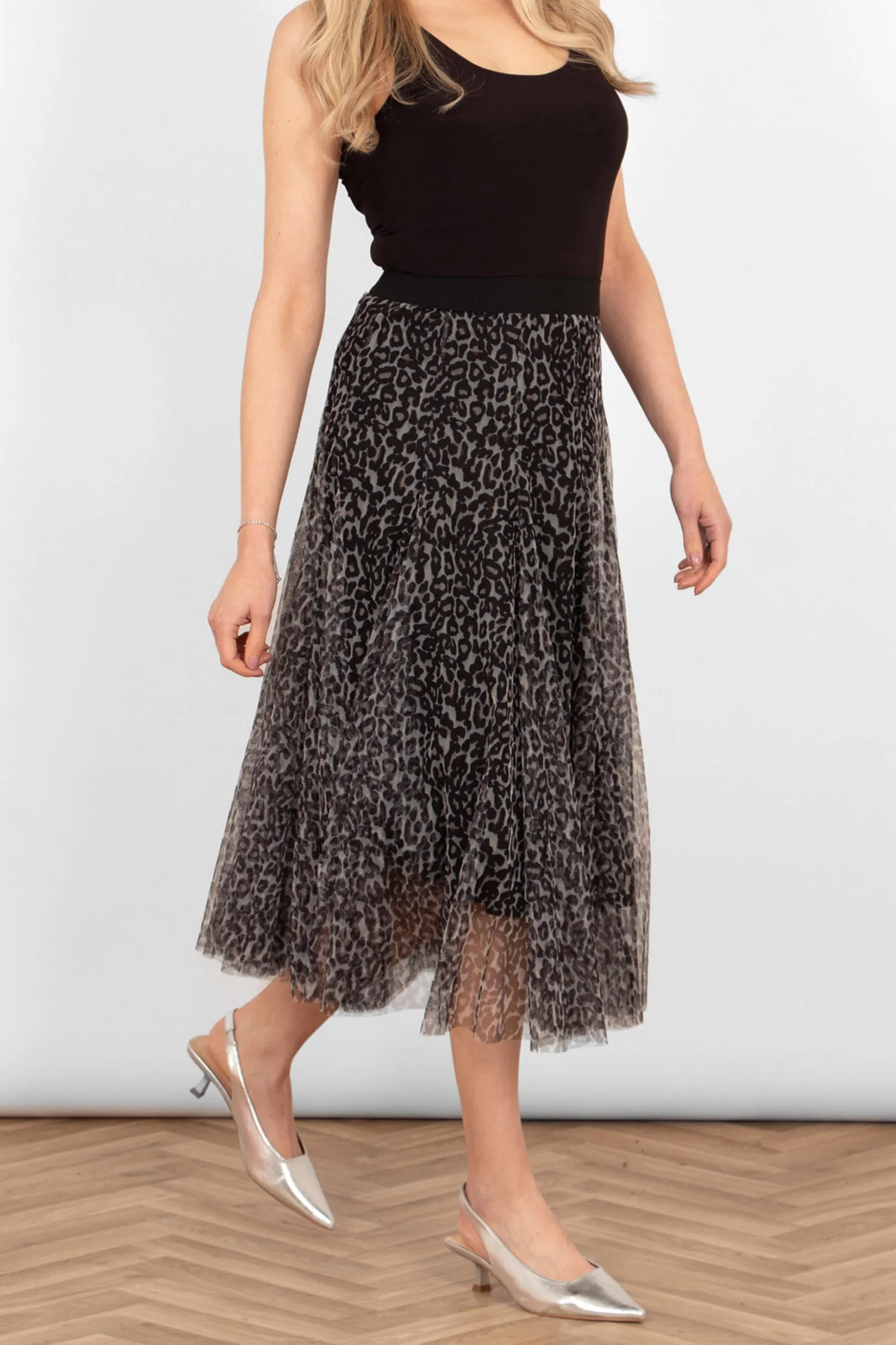 Eden Tulle Midaxi Swing Skirt - Natural, Leopard