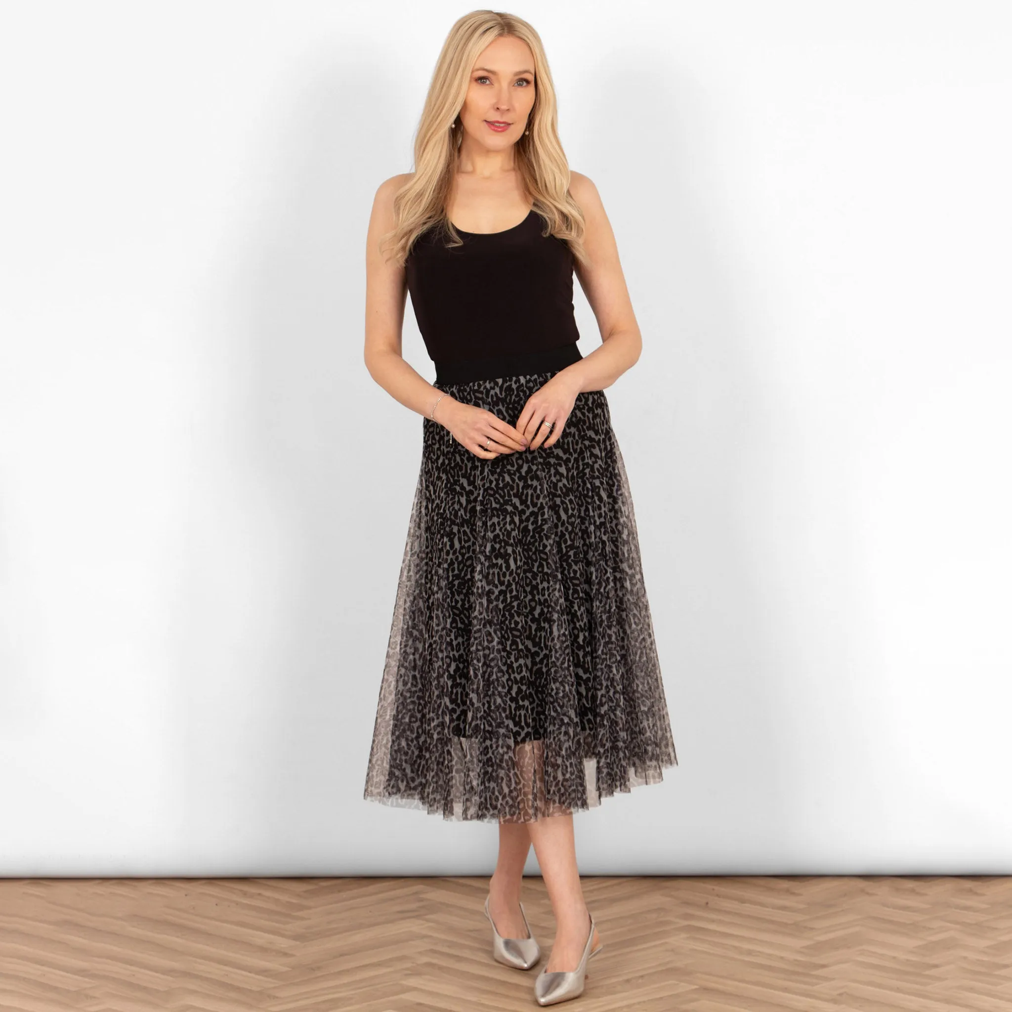 Eden Tulle Midaxi Swing Skirt - Natural, Leopard