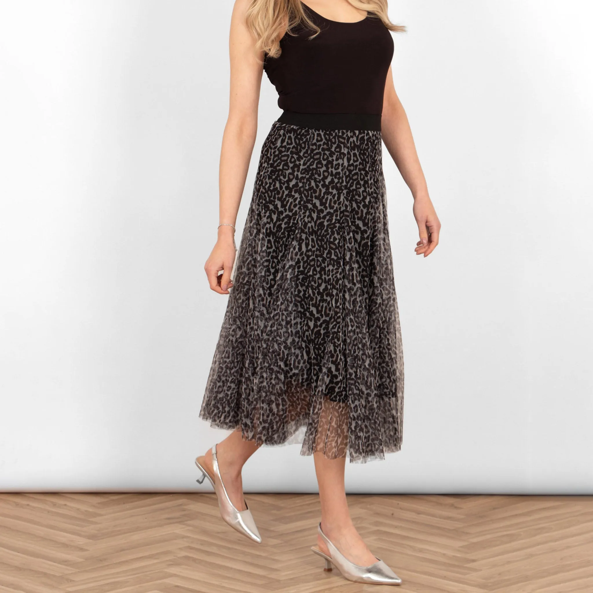 Eden Tulle Midaxi Swing Skirt - Natural, Leopard