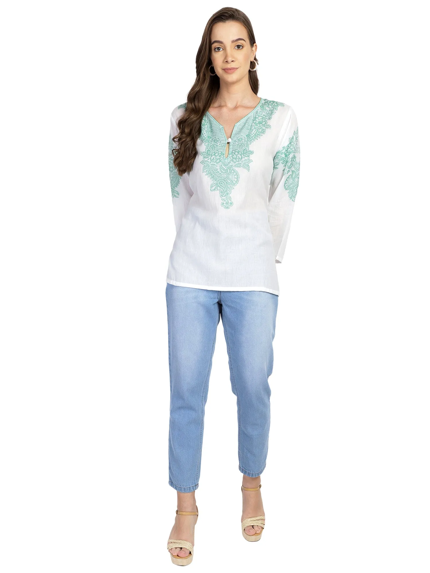 Embroidered white semi-sheer cotton tunic