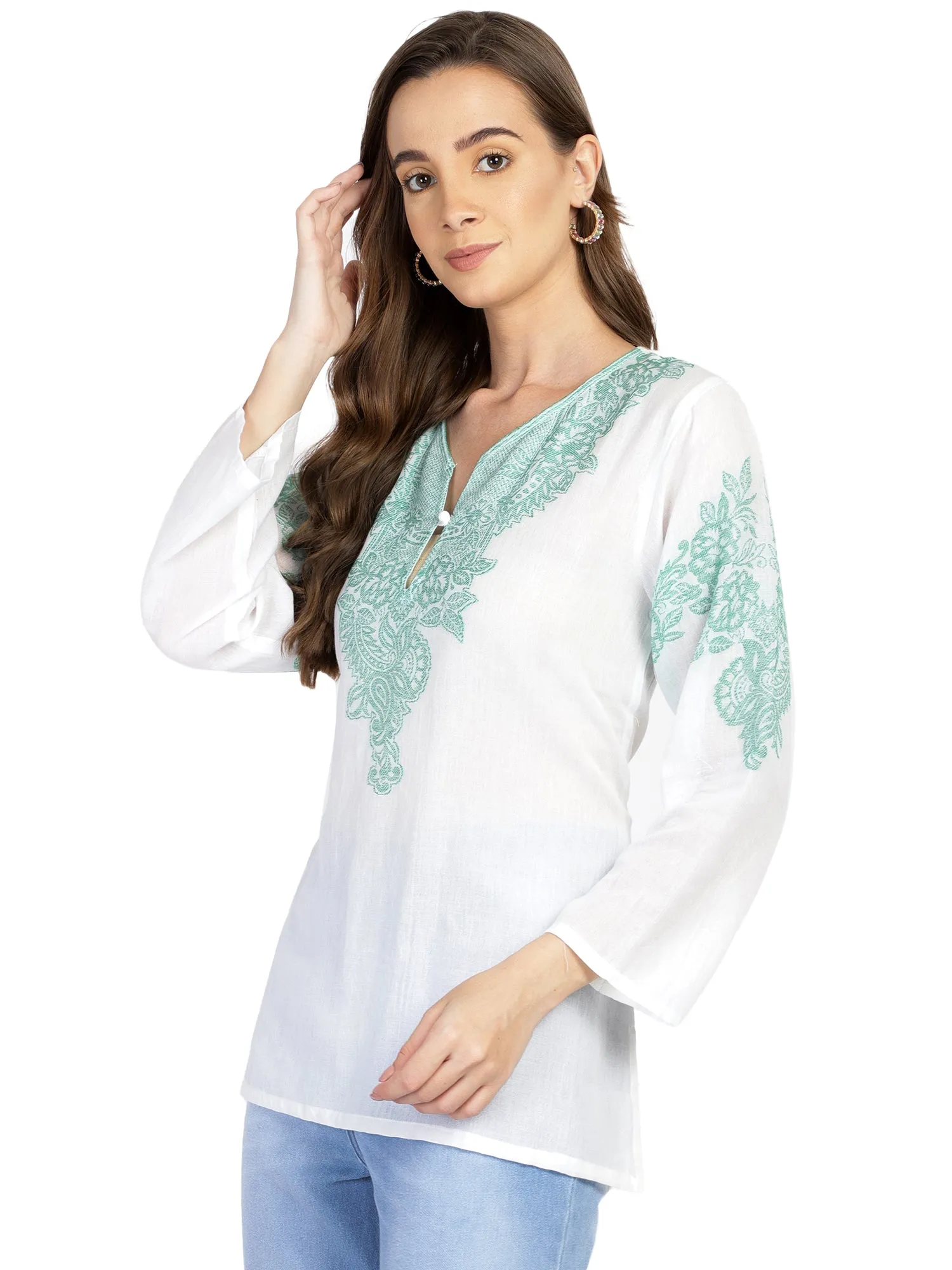 Embroidered white semi-sheer cotton tunic