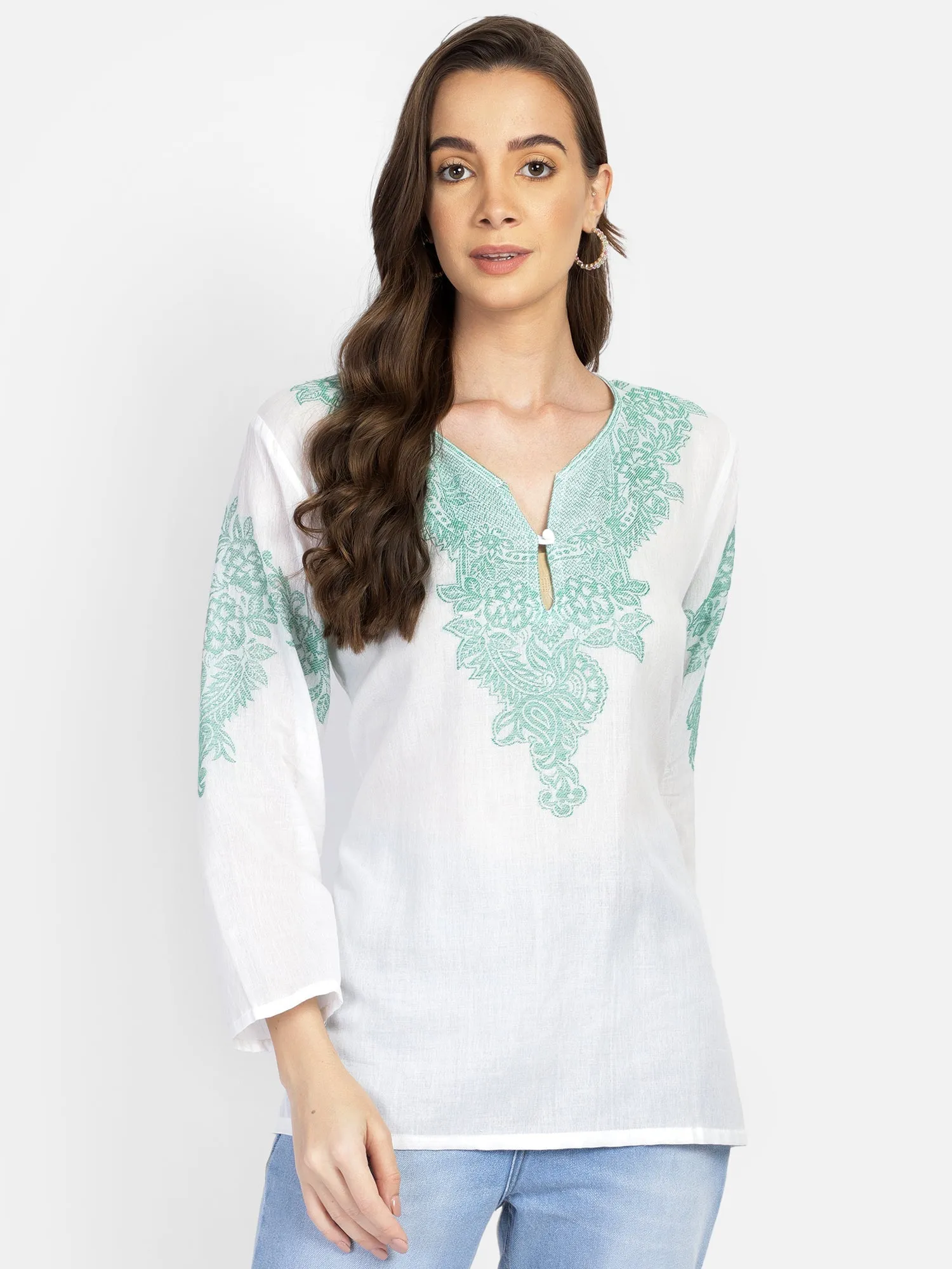 Embroidered white semi-sheer cotton tunic